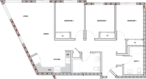 A floor plan of a house with a kitchen, living room, dining room, and three bedrooms.